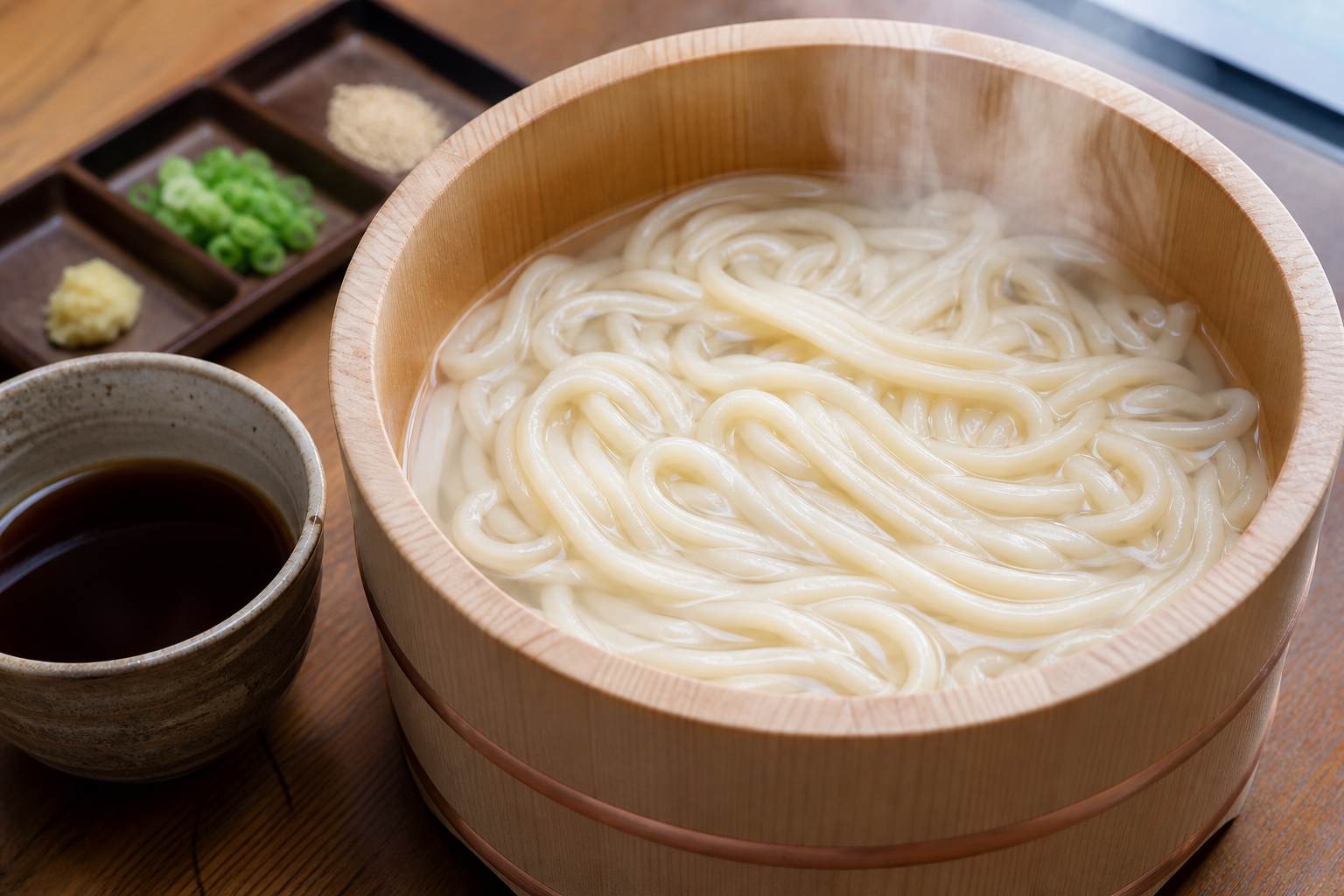 木桶に盛られた釜揚うどんと、添えられたつけ出汁と薬味