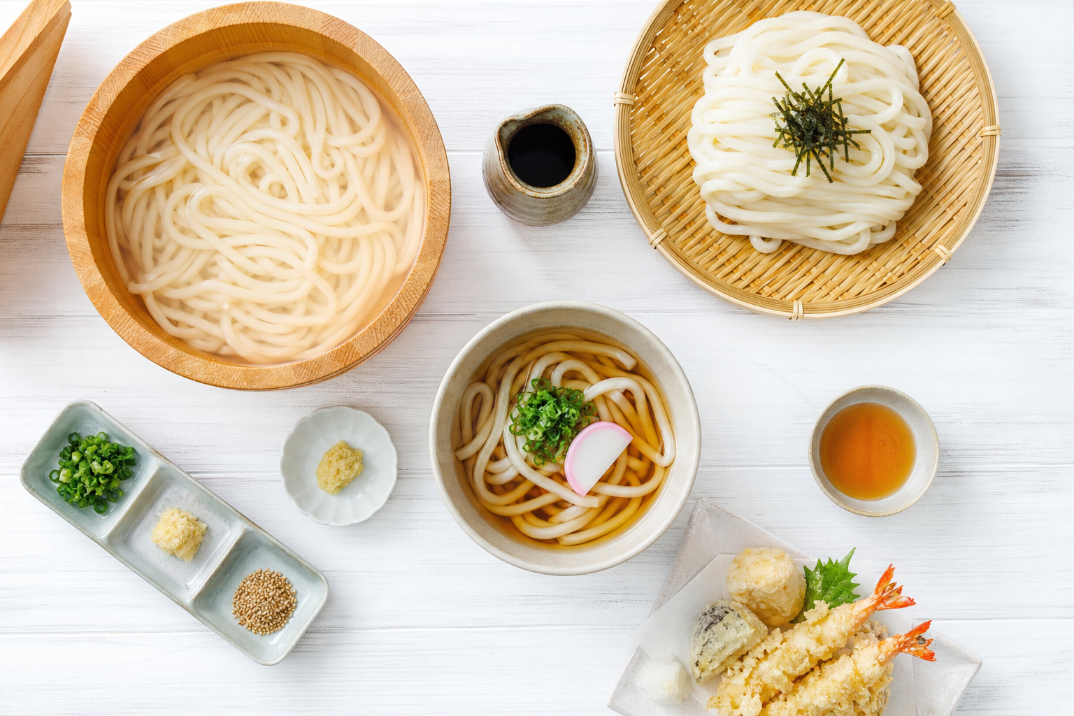 木桶やざるに盛られたうどんの数々