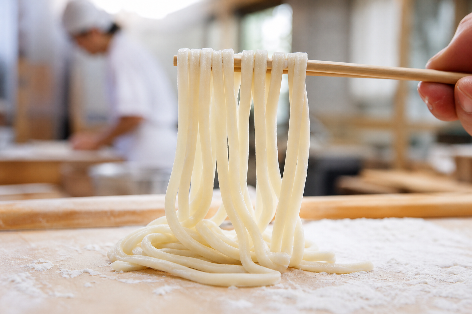 箸で引き上げた打ちたての白うどん